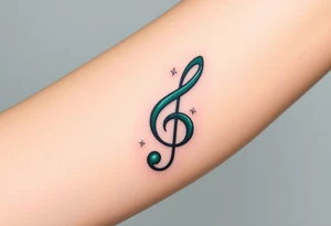 A forest green treble clef with subtle silver accents, surrounded by delicate sparkles tattoo idea