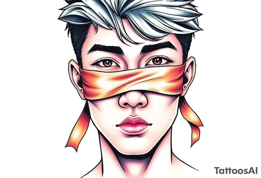 Handsome Asian young guy with 
 eyes covered with a ribbon tattoo idea
