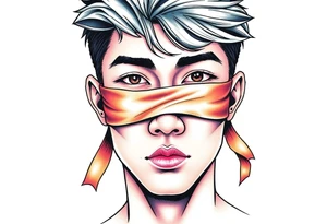 Handsome Asian young guy with 
 eyes covered with a ribbon tattoo idea