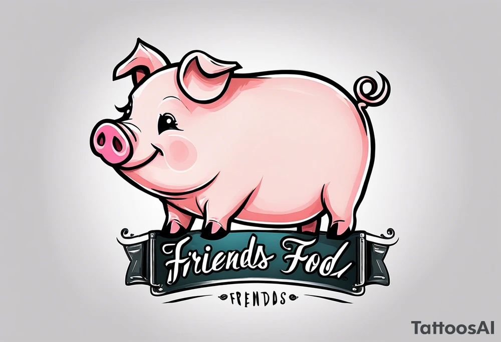 cute pig or piglet.
with text: "friends not food" 
very thin lines
cartoonish style tattoo idea