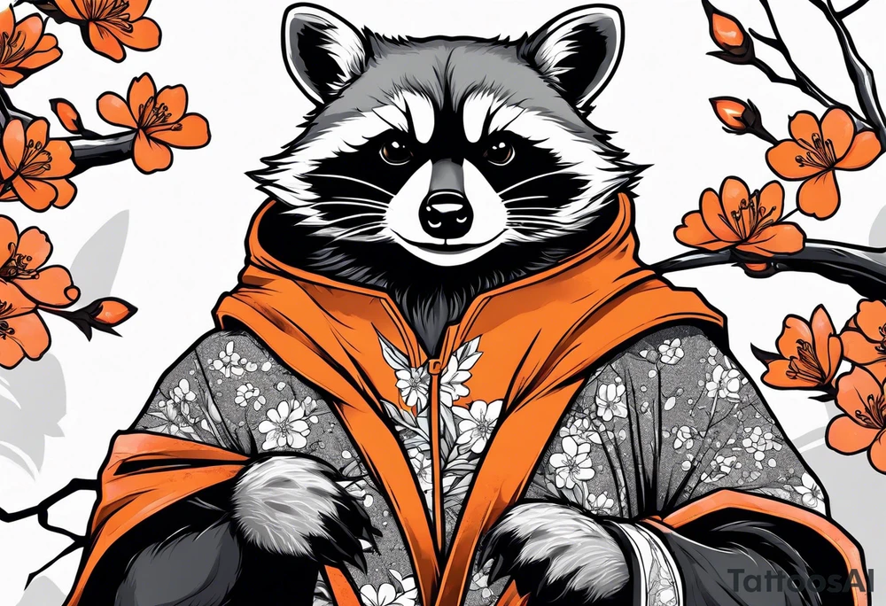 raccoon wearing a black and white Superman hoodie and orange Japanese cherry blossoms tattoo idea