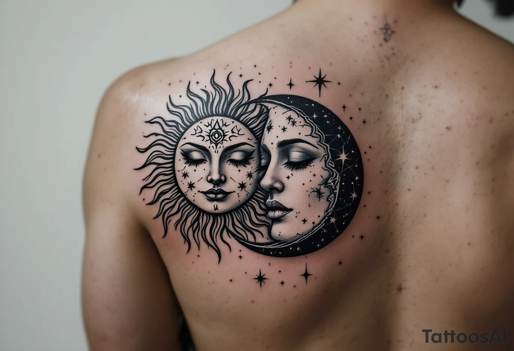 celestial sun and moon embrace with constellation patterns tattoo idea