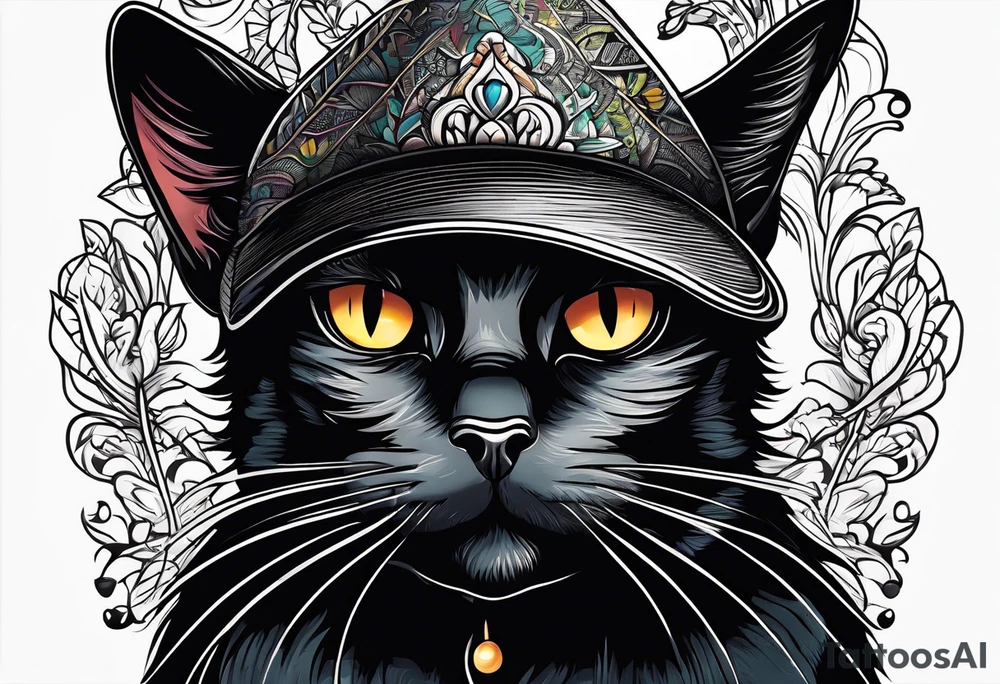 Black cat with a funny hat and a sweater tattoo idea