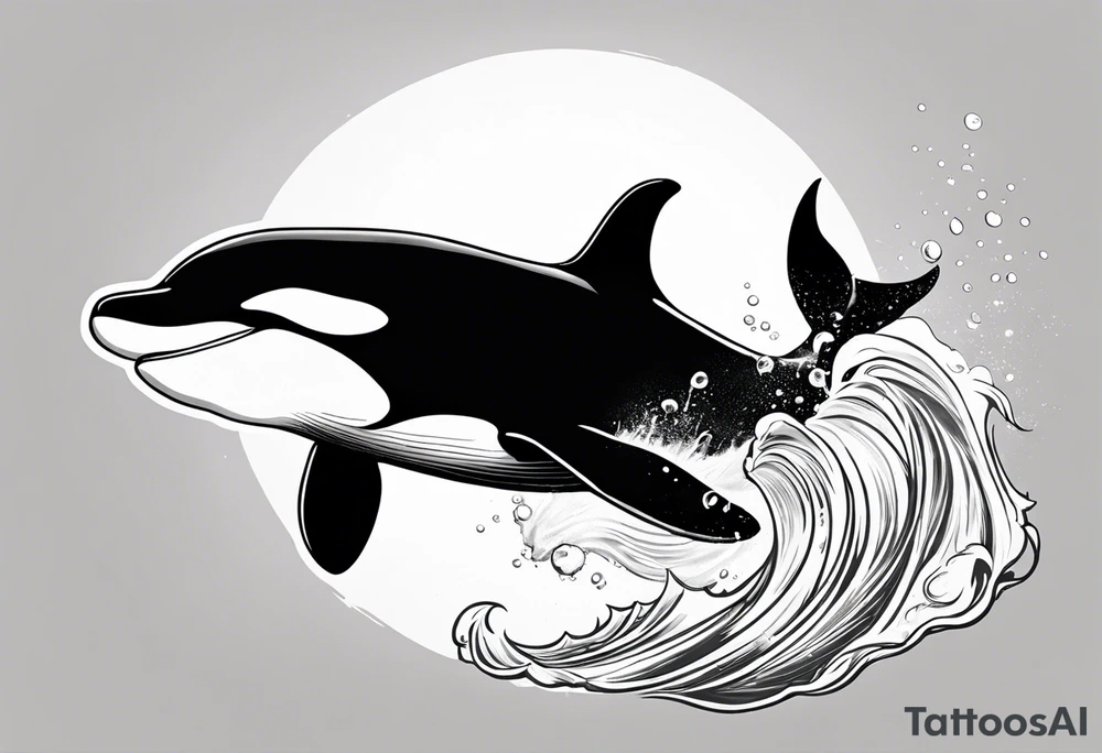 A male orca, black tattoo, 6-7 cm. sun beams in water, male orca diving down, tattoo viewpoint is half in water half out, maybe the big male dorsal fin is out of water on top if it looks good. maybe in a circle or square. underwater tattoo idea