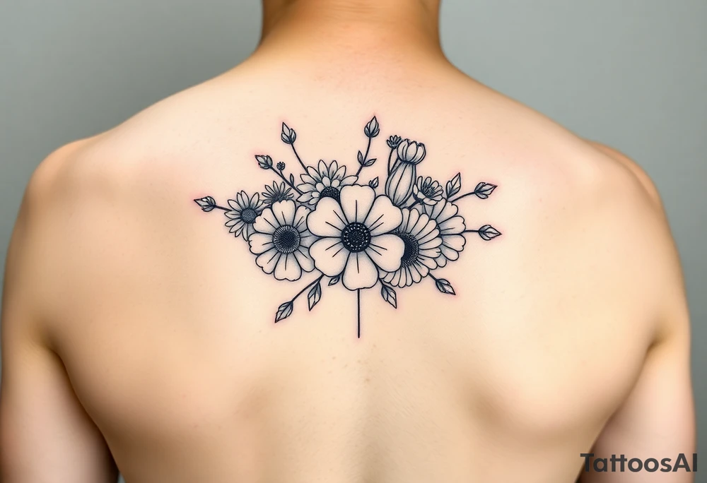 Small flower bouquet with order of flowers, daisy, cosmo, poppy, chrysanthemum, cosmo tattoo idea