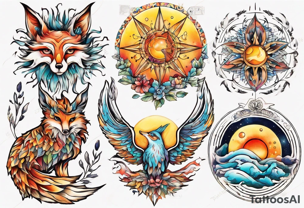 fisch, fuchs und eule , symetrie  sonne, universum, bunt, " sapere aude" tattoo idea