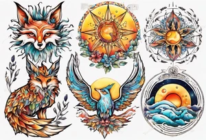 fisch, fuchs und eule , symetrie  sonne, universum, bunt, " sapere aude" tattoo idea