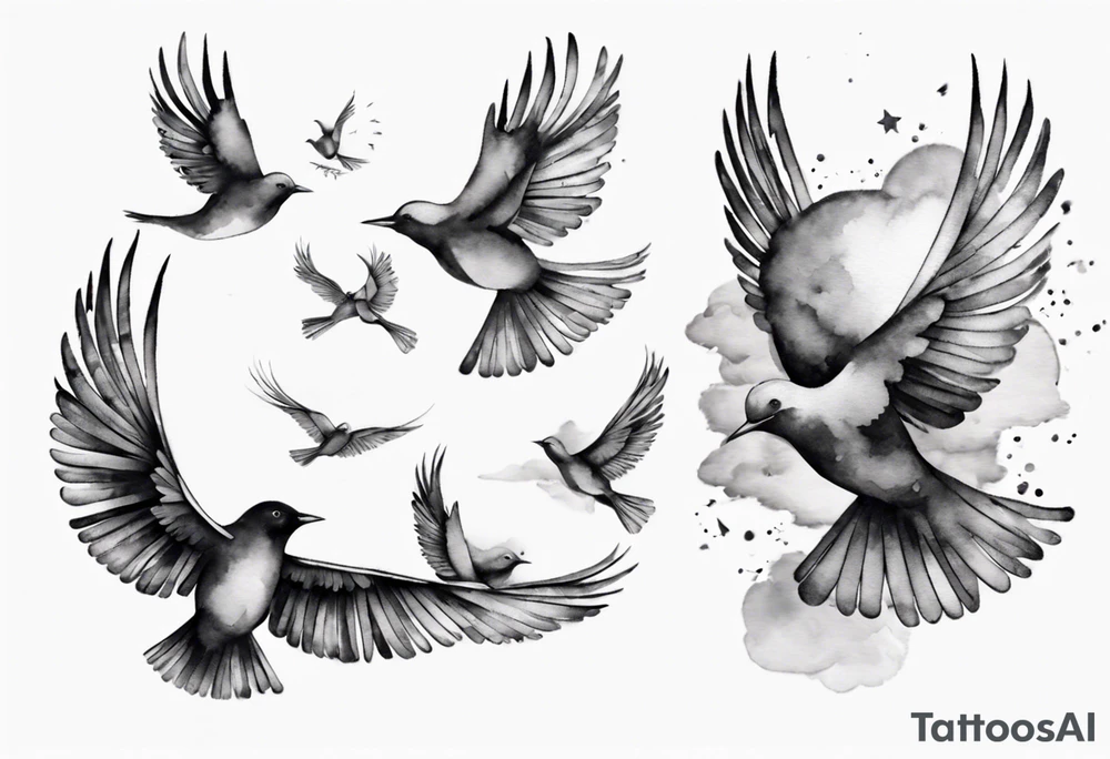 shoulder tattoo with light rays with birds flying free among the clouds, round shape, 3d effect tattoo idea