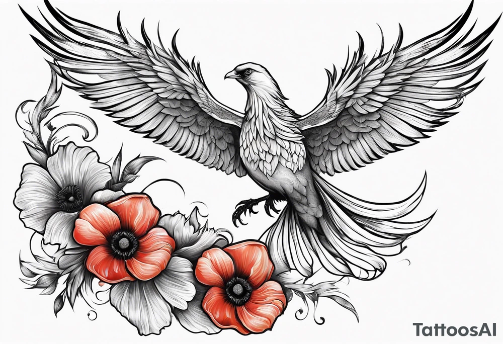 elongated phoenix in flight 
in profile long tail with claws holding poppies falling tattoo idea