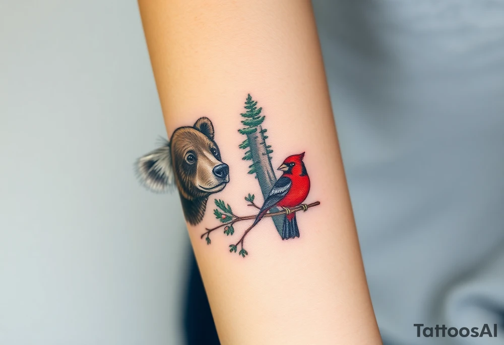 Realistic Woodland with a bear, woodpecker and cardinal tattoo idea