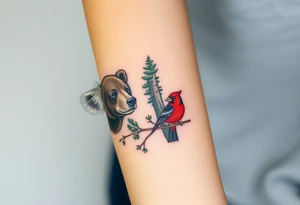 Realistic Woodland with a bear, woodpecker and cardinal tattoo idea
