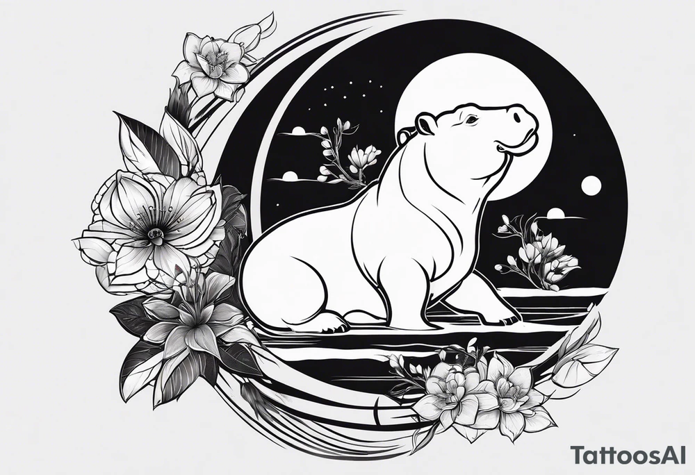 Very asymmetrical, +geometric pattern, with realistic full moon, with seeious looking hippo, +zen feel, + Buddhism touch, +tribal, +geometric
with wintersweet flower bud, +portrait orientation, +inkart touch, tattoo idea