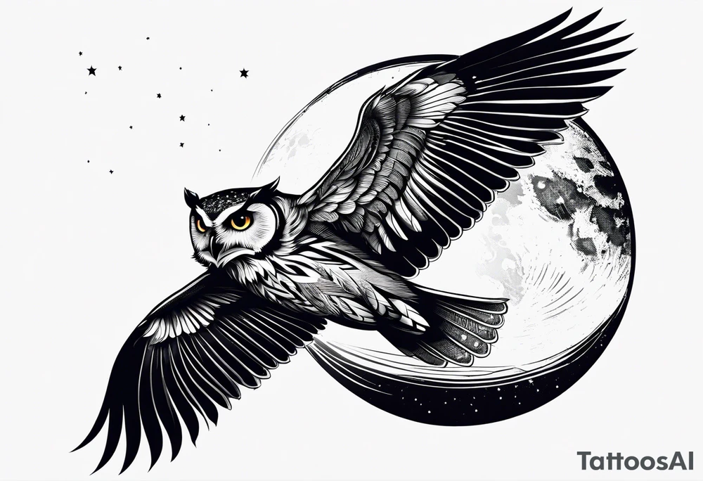 Crescent moon side profile of owl flying tattoo idea