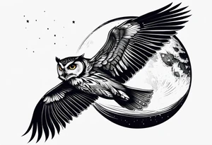 Crescent moon side profile of owl flying tattoo idea