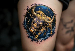 The Taurus star constellation of golden bull charging through a velvet-blue night. tattoo idea
