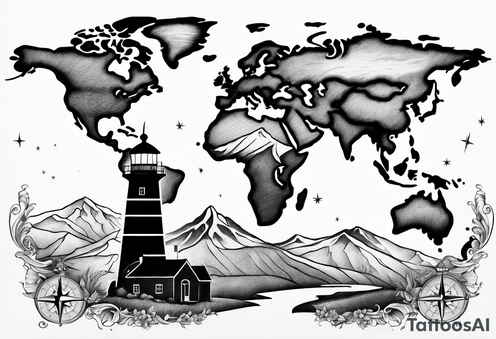 Worldmap combined with a compass and lighthouse tattoo idea