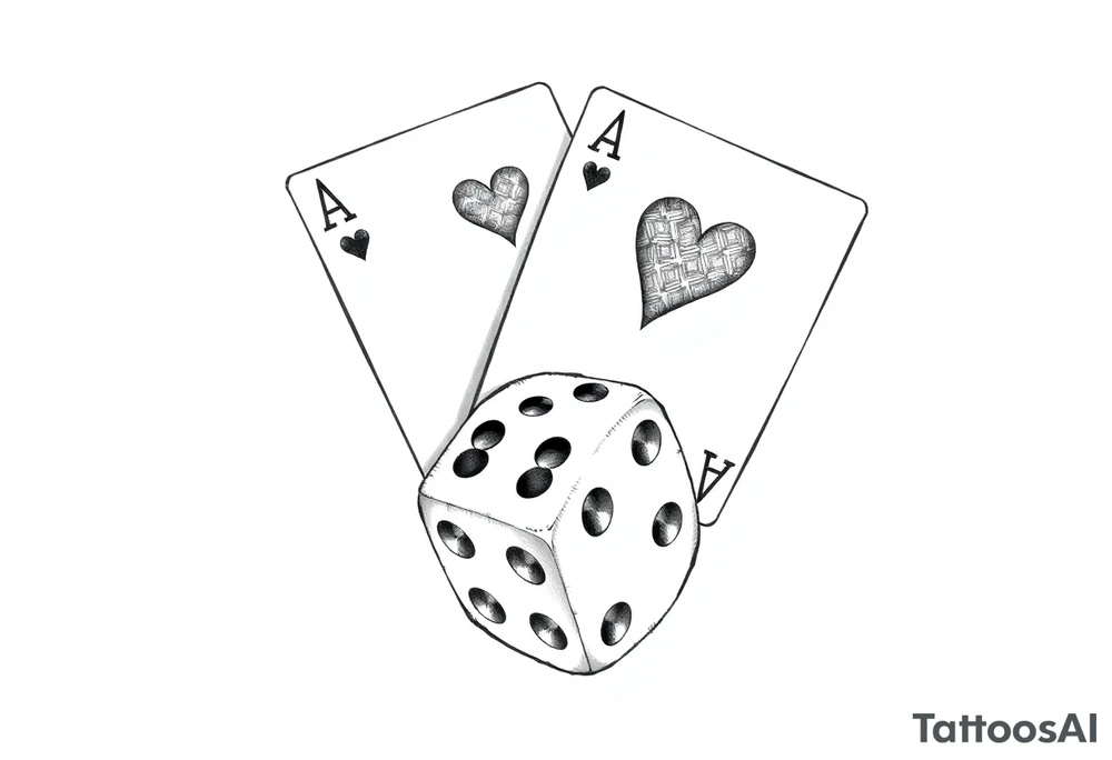 2 of hearts and 4 of hearts playing cards on top of a dice tattoo idea