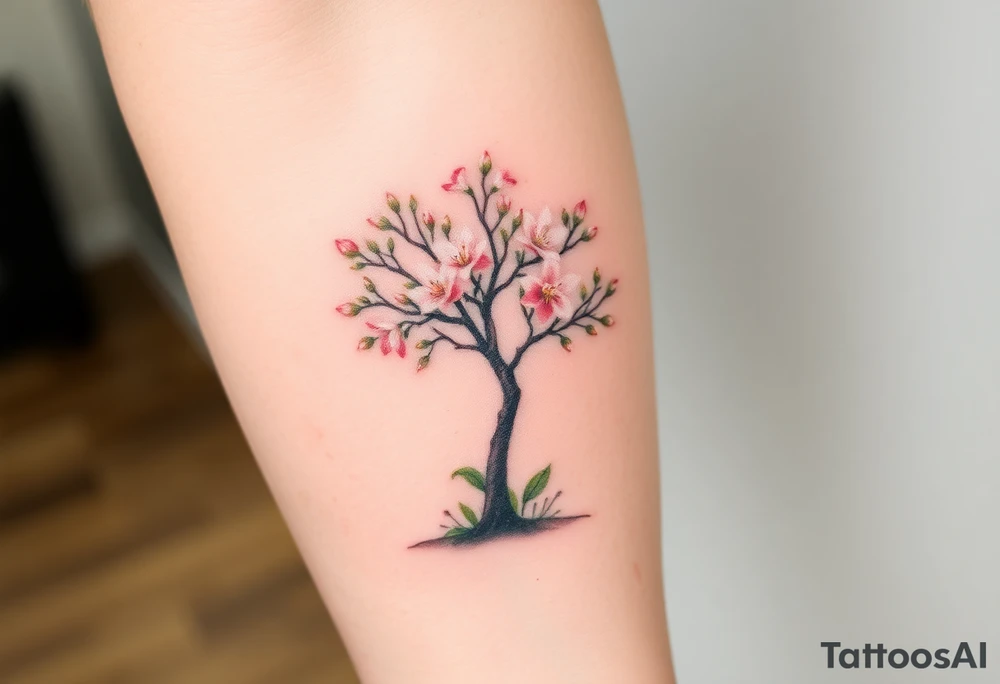 Flowering Hawthorn tree with  lillys planted on the ground tattoo idea