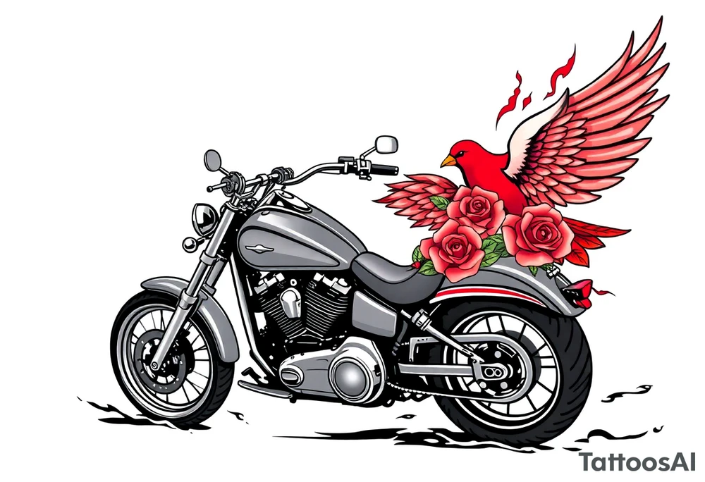 Harley grey motorcycle driving away, two red birds flying, roses, flames, angel wings tattoo idea