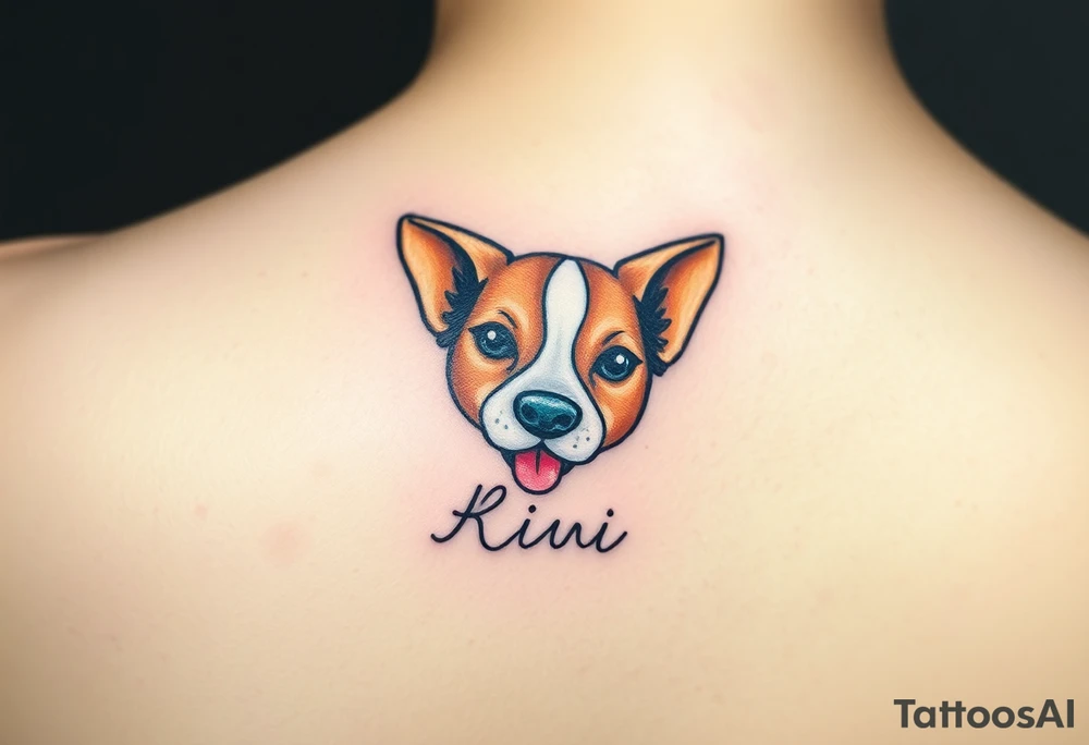 One line tattoo of female dog with white strip going up dog’s snout slightly off centered. With  the dogs tongue slightly out and the name kiwi and an Aquarius them to it . Just the colors black  white brown and green tattoo idea