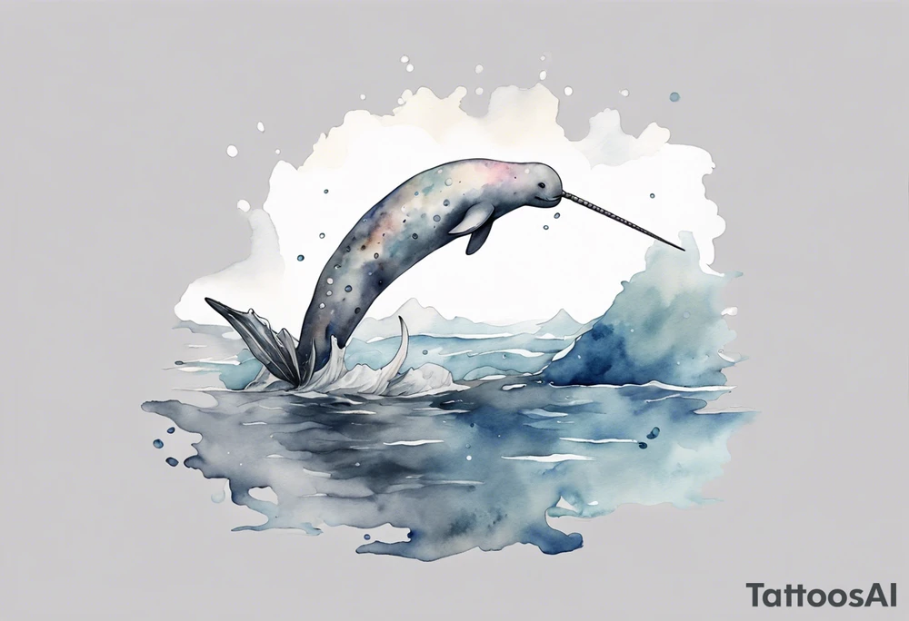 a melancholy watercolor painting of a realistic narwhal swimming in a grey ocean tattoo idea