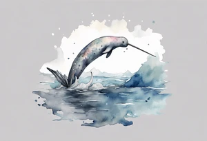 a melancholy watercolor painting of a realistic narwhal swimming in a grey ocean tattoo idea