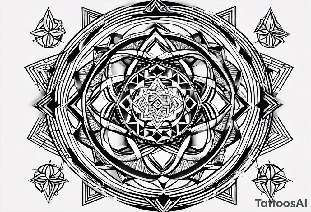 5 interlocking circles, surrounded by hollow triangles, straight lines connecting all shapes tattoo idea