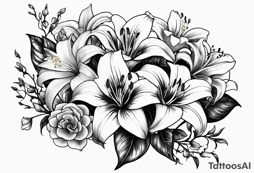 Lillies, roses, morning glories, chrysanthemums tattoo idea