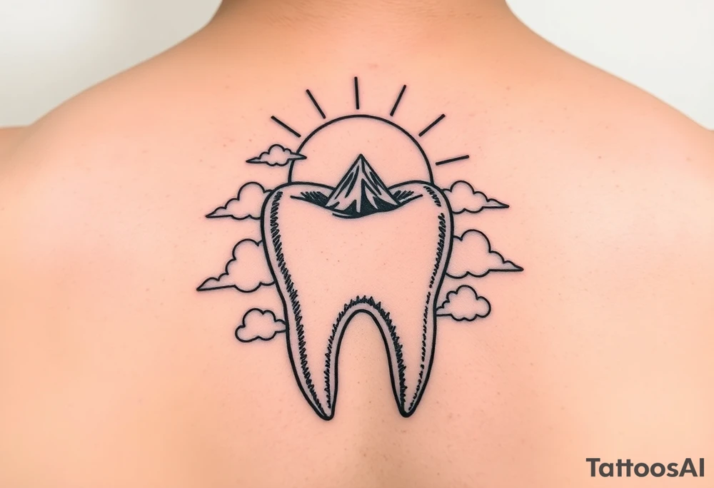 A molar tooth carved like a tiny mountain surrounded by clouds and a rising sun behind, black and gray illustrative tattoo.” tattoo idea