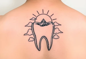 A molar tooth carved like a tiny mountain surrounded by clouds and a rising sun behind, black and gray illustrative tattoo.” tattoo idea