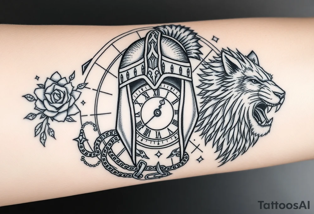 A detailed tattoo featuring a stylized warrior helmet with intricate textures and patterns. Behind it lies a shattered clock face with exposed gears and intertwined chains, symbolizing struggle with time and anxiety. Surrounding the helmet and clock are swirling smoke and wind patterns filled with fine details like leaves, feathers, and tribal motifs, representing resilience and growth. On one side, a blooming thorned rose or lotus flower symbolizes delicate strength and love. On the other side, a fierce roaring lion or wolf head embodies courage and protection. The background includes geometric shapes and dotwork to add depth and unify the design. The style combines bold linework with fine detail, dotwork, and shading for a powerful modern tattoo. tattoo idea
