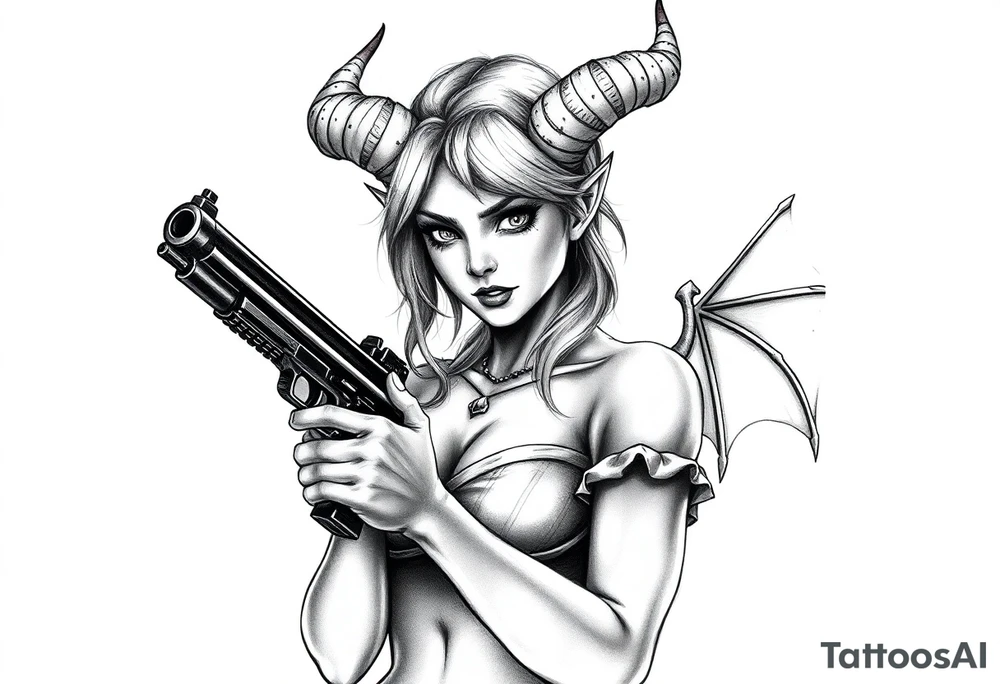 demon girl holding gun tattoo idea