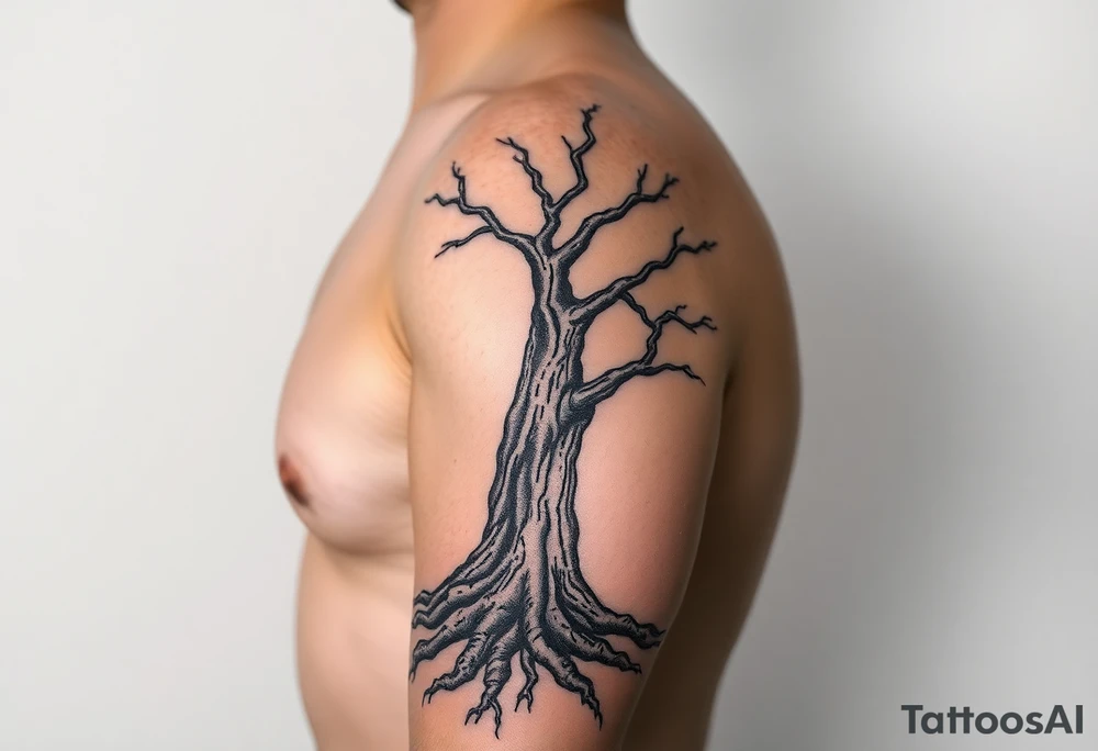 Full sleeve arm tattooed like tree bark with roots at the bottom around the wrist and branches into three at the top by the shoulder tattoo idea