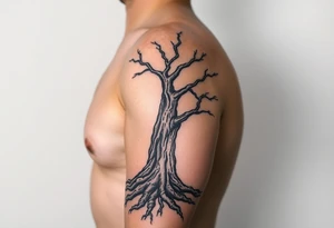 Full sleeve arm tattooed like tree bark with roots at the bottom around the wrist and branches into three at the top by the shoulder tattoo idea