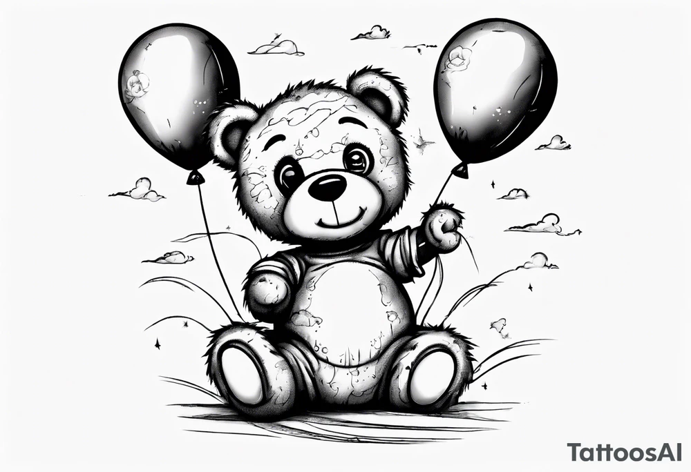 Scruffy teddy bear holding on to balloons and wearing a T-shirt going up to the sky tattoo idea