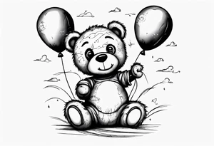 Scruffy teddy bear holding on to balloons and wearing a T-shirt going up to the sky tattoo idea