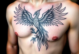 magnificent phoenix rising from golden flames with trailing embers made into a Irish family crest with dark and Demonic features tattoo idea