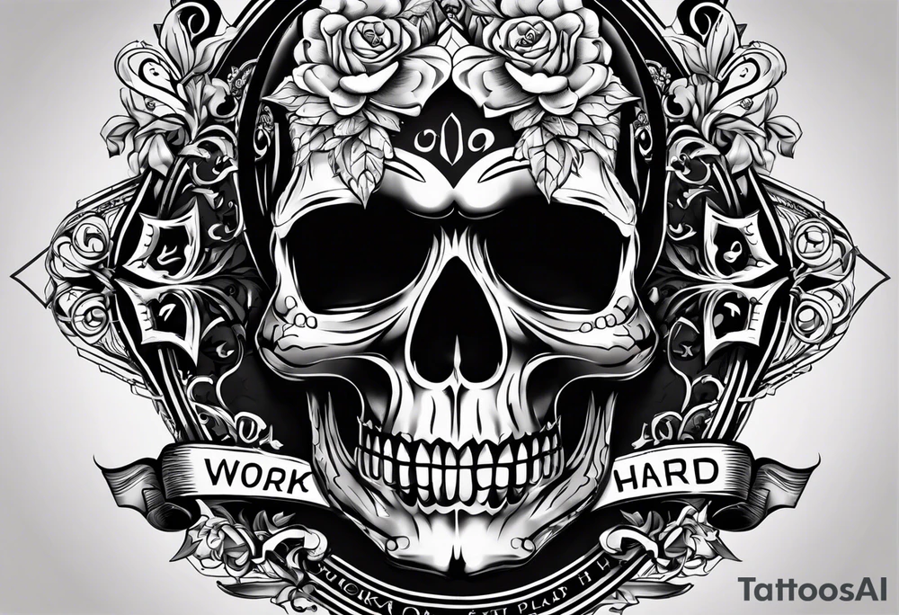 I want a tattoo with a skull design with the letters "work hard" at the top and the letters "play hard" at the bottom, in black only. tattoo idea