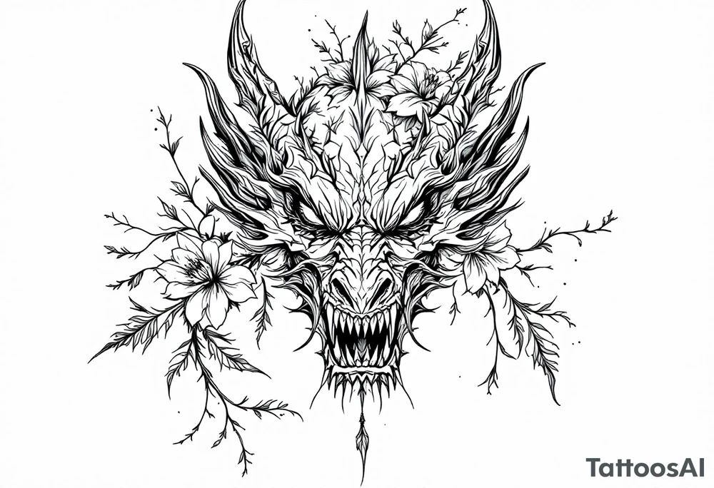 scary dragon face down with flowers tattoo idea