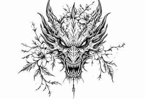 scary dragon face down with flowers tattoo idea