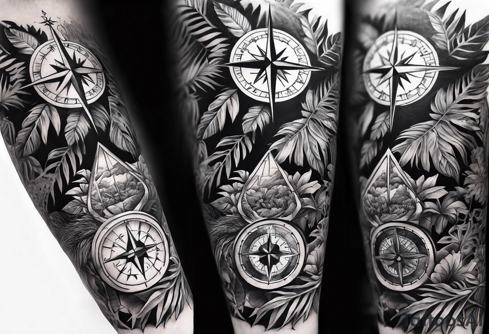 full arm sleeve tattoo with Vigvisir compass and all-seeing eye surrounded by jungle plants tattoo idea