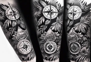 full arm sleeve tattoo with Vigvisir compass and all-seeing eye surrounded by jungle plants tattoo idea