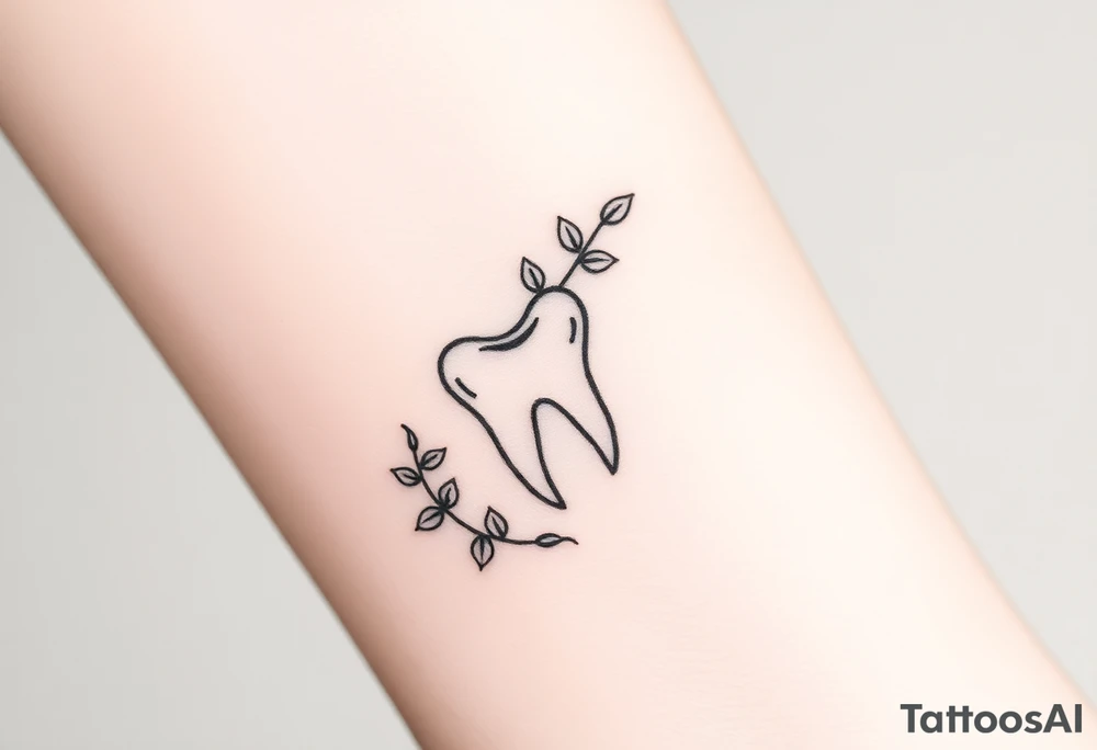 “A tiny outline of a molar tooth intertwined with a slender vine of eucalyptus leaves curling around one side, clean monochrome line-art.” tattoo idea