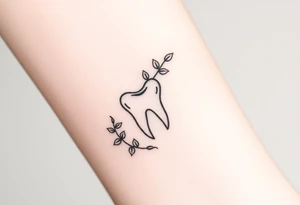 “A tiny outline of a molar tooth intertwined with a slender vine of eucalyptus leaves curling around one side, clean monochrome line-art.” tattoo idea