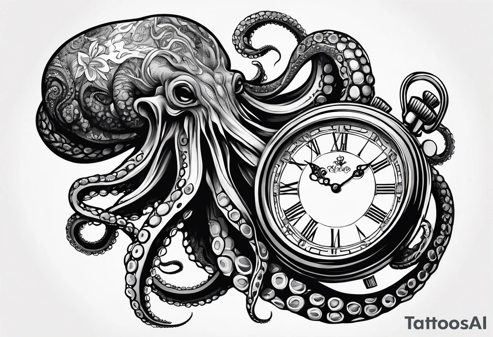 to be drawn in the arm, pocket watch wrapped under an aggressive octopus in side view tattoo idea