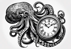 to be drawn in the arm, pocket watch wrapped under an aggressive octopus in side view tattoo idea