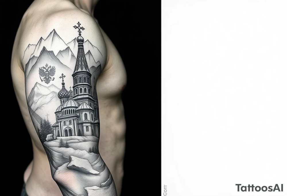 russian orthodox christian left arm tattoo with st basils cathederal in a mountainous setting with a russian coat of arms tattoo idea