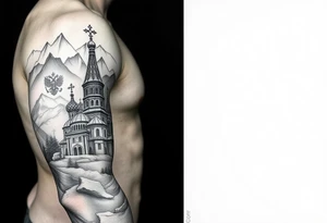 russian orthodox christian left arm tattoo with st basils cathederal in a mountainous setting with a russian coat of arms tattoo idea