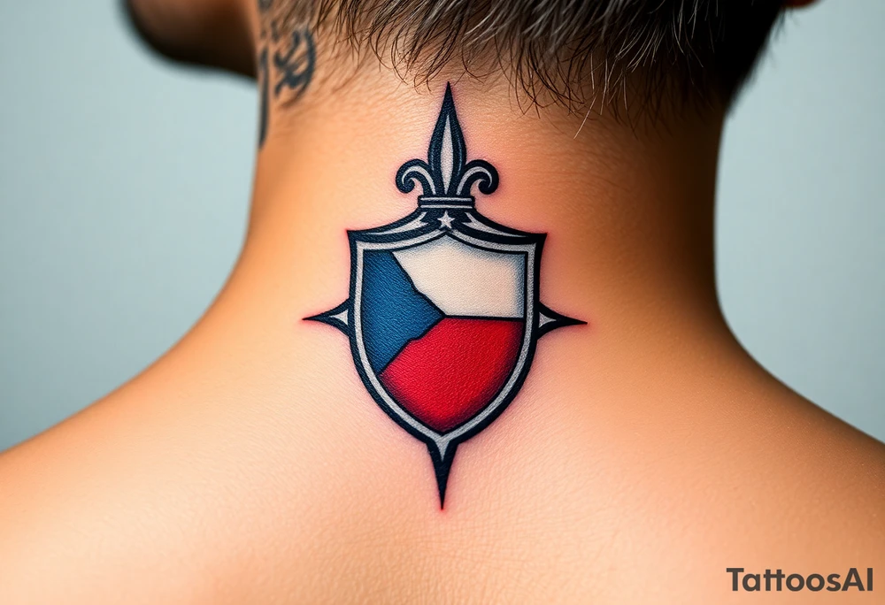 A classical Czech flag (blue, white up, red down) inside a shield emblem, with metallic textures enhancing its strength and durability tattoo idea