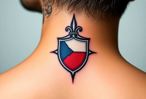 A classical Czech flag (blue, white up, red down) inside a shield emblem, with metallic textures enhancing its strength and durability tattoo idea